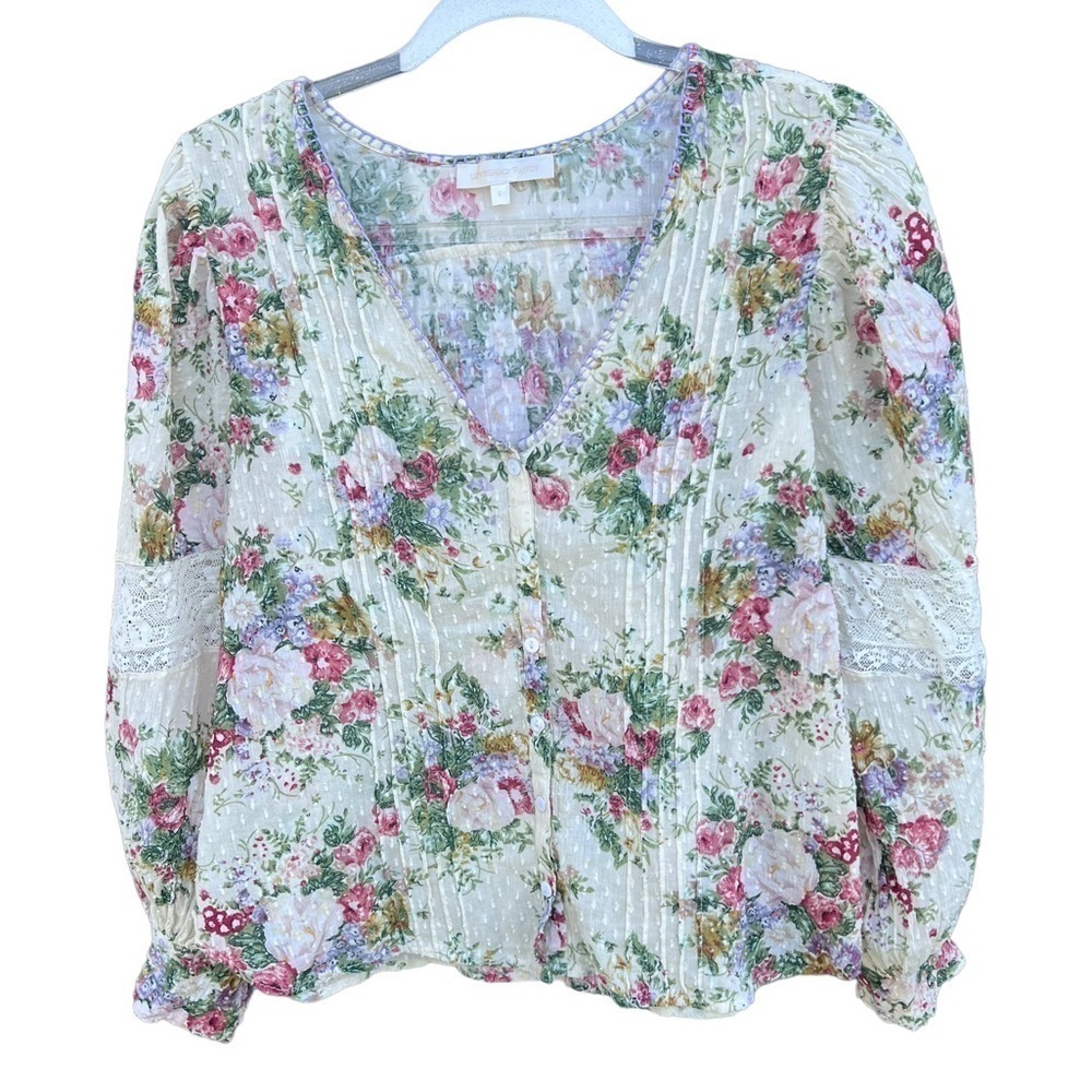 Loveshackfancy Merida Blouse Shining Gemstone Cottagecore Floral Lace Small Guc